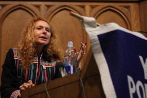 Eliane Karp-Toledo speaks in SSS at a YPU debate on whether Yale should return all Machu Picchu artifacts to Peru. (She was in favor.)