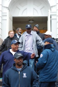 Members of Local 35 leave Center Church this afternoon, where they held their union vote.