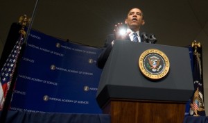 President Barack Obama speaks to the National Academy of Sciences annual meeting in Washington on Monday.