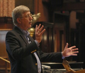 Francis Collins, who won the Presidential Medal of Freedom in 2007 for his work as director of the Human Genome Project, spoke to more than 100 members of the Yale community at Battell Chapel in October on the conflict that arises when combining spirituality with a trust and faith in science.