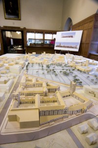 Architectural models of the two new residential colleges were on display in the Sterling Memorial Library Memorabilia Room. The new colleges are shown in the foreground, with the rest of central campus visible in the distance.
