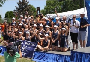 The women's crew celebrates after taking third place at the NCAA Championships this weekend in Cherry Hill, N.J.