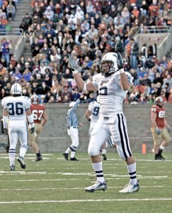 Yale's new captain, Paul Rice ’10, celebrates during the Harvard-Yale game in Boston, Mass., in 2006. He will look this season to lead the Elis to exceed the fourth-place finish predicted by the media in the annual preseason poll.