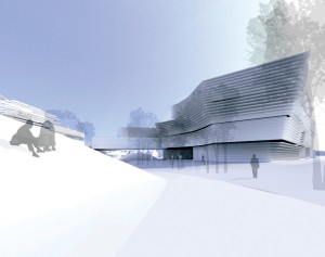 Artistic renderings of the recently completed Health Center, above, had little in common with its final exterior design, above.