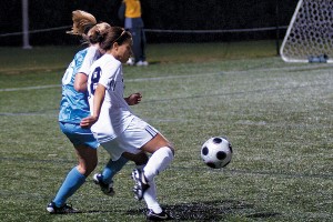 Becky Brown ’11 unloads a kick against Columbia last season. Brown, now team captain, enters the 2010 season with 25 career goals, 14 behind the school record.