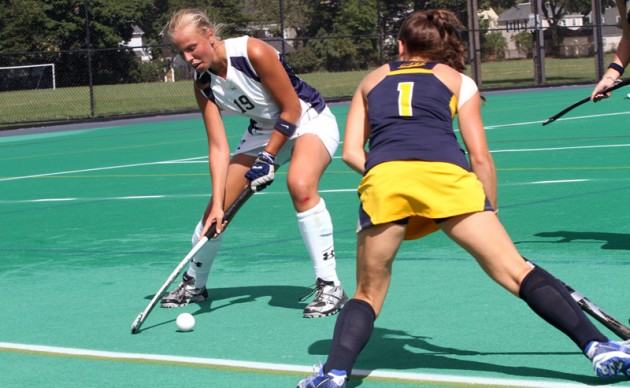 Dinah Landshut ’12 handles the ball in Yale’s 4–3 win over Quinnipiac on Sunday. Landshut assisted on Maddy Sharp’s ’13 second half goal.