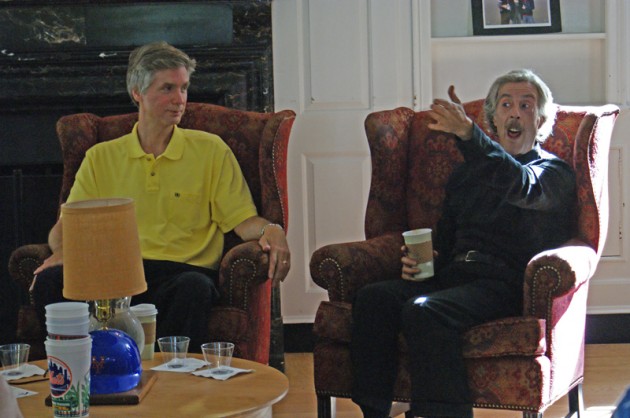 Bob “Mr. Met” Heussler, left, and Steve “The Schmoozer” Somers entertain the audience Tuesday.