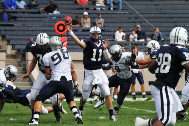 Quarterback Patrick Witt ’12 completed 35 of 55 passes, including two for touchdowns. He added another touchdown on the ground with a last-second quarterback sneak.