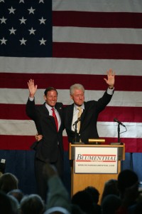 Bill Clinton LAW ’73 and Democratic U.S. Senate candidate Richard Blumenthal LAW ’73 embrace at Sunday’s rally.