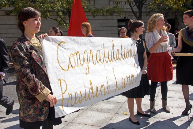 Students protest President Levin's $350,000 raise outside Commons