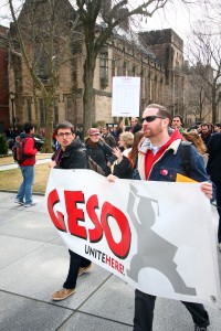 The Graduated Employees and Students Organization protest in March 2010. The group is currently working to have the university recognize it as a union.