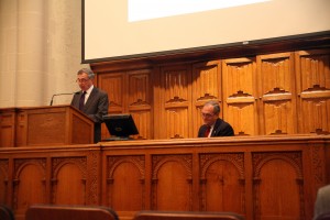 Mayor John DeStefano, Jr., right, discussed New Haven Promise and other future projects Tuesday during a Chubb Fellowship Lecture.
