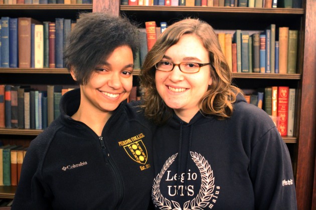 Alexis Eaton ’11 (left) and Ariel Baker-Gibbs ’11 (right) use sign language interpreters to follow along during lectures.
