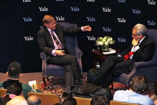 Robert B. Zoellick, president of the World Bank, and Ernesto Zedilla, former president of Mexico, discussed the global economy at Luce Hall on Tuesday.