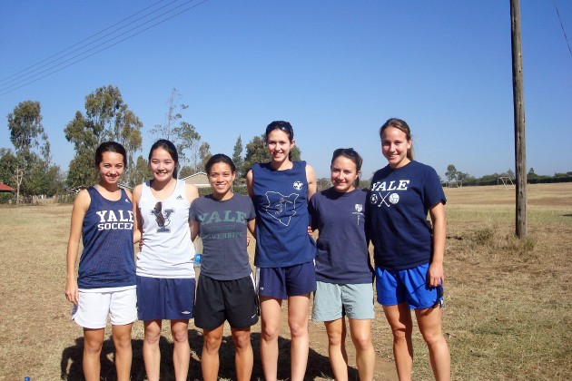 Six members of the women’s soccer team pose together in Narok, Kenya over spring break.