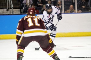 Brian O’Neill ’12 scored Yale’s first goal against UMD, but was ejected seconds later after a controversial penalty.