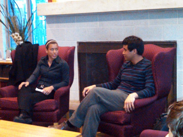 Katie Miller ’12 and Lee Hiromoto ’06 discussed homosexuality in the military at the Slifka Center Monday night.