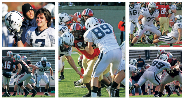 Clockwise from top left: Safety Adam Money ’11, tight end Chris Blohm ’11, fullback Shane Bannon ’11, and defensive ends Tom McCarthy ’11 and Sean Williams ’11.
