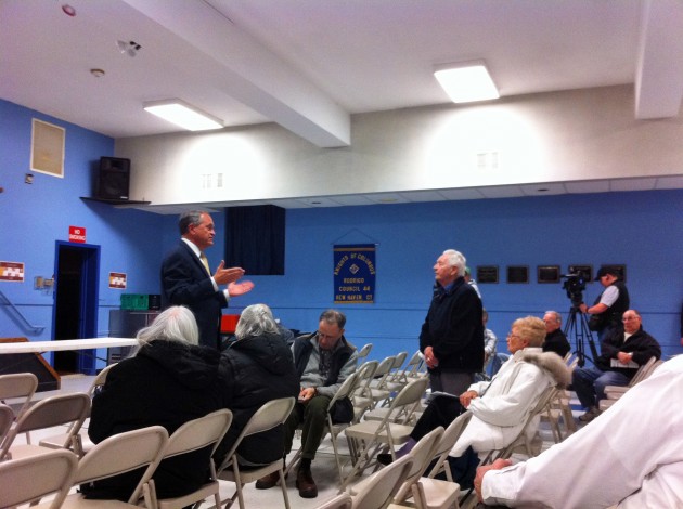New Haven Mayor John Destefano Jr. came under fire from East Shore residents on Thursday over budget issues.