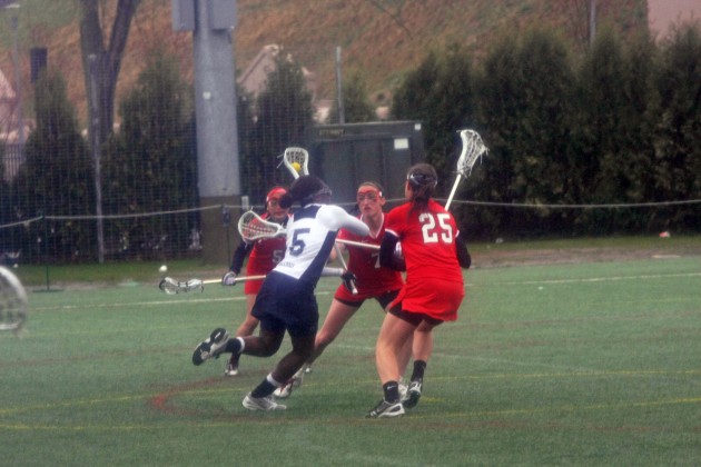 The women’s lacrosse team struggled with wet and rainy conditions in a tough loss against Cornell on Saturday.