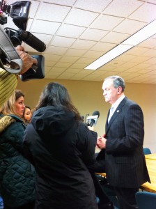 Mayor John DeStefano Jr. addresses questions from reporters after his 18th State of the City address Feb. 7.