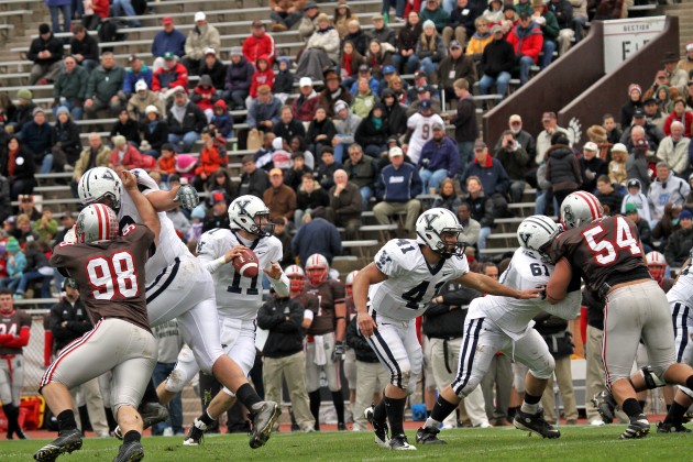 Quarterback Patrick Witt ’12 went 12-for-20 for 112 yards in Saturday’s scrimmage at the Yale Bowl against Dean College.