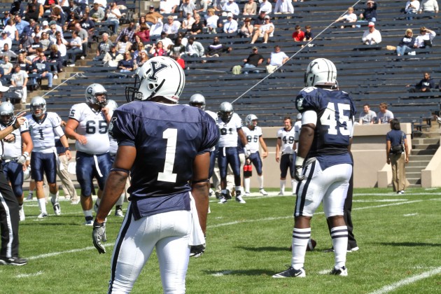 Defensive back Drew Baldwin ’12, No. 1, started all 10 games last season and is expected to be a mainstay in the Yale defense for the fourth consecutive year.