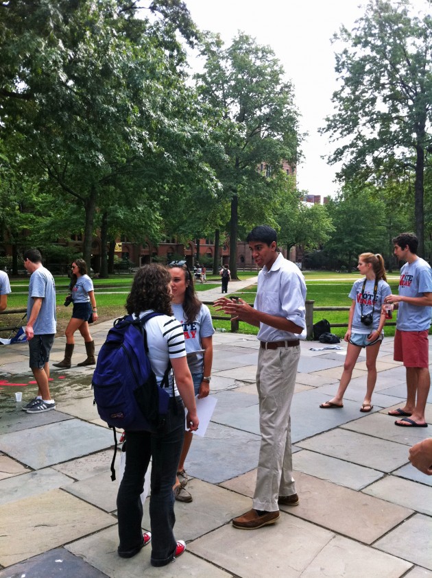 Vinay Nayak '14 speaks to his campaign supporters on Old Campus.