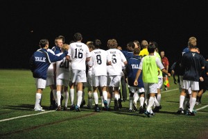 The men’s soccer team celebrates a dramatic 3–2 victory over Quinnipiac in early September. The Bulldogs are currently 4–4–1; they were 1–7–1 at this point last season.