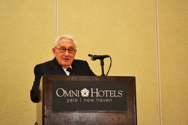 Henry Kissinger speaks at the Omni Hotel on Friday night in an event celebrating the 60th anniversary of the publication of "God and Man at Yale." The event drew 200 students, scholars, family and alumni.