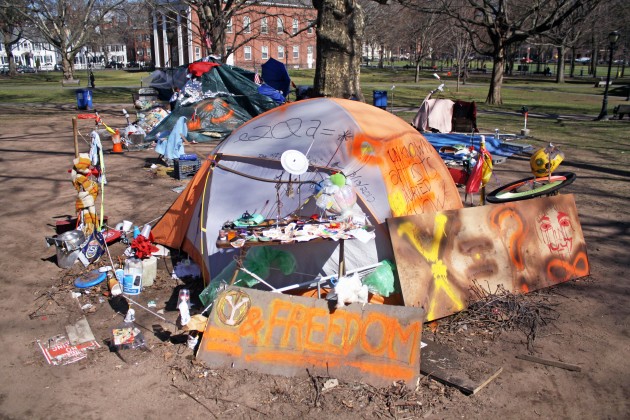 Through Occupy New Haven, the Green has become the grounds for found art installations and poetry readings.