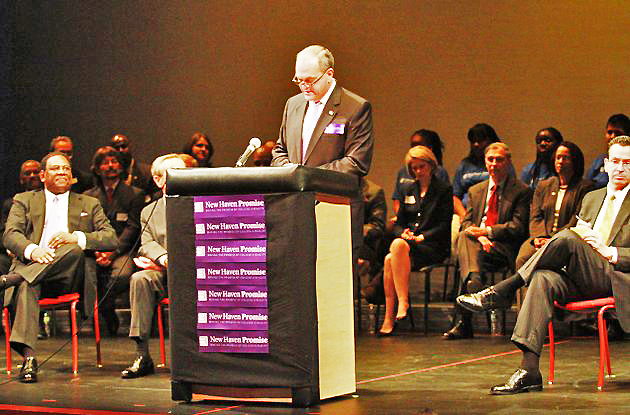 Mayor John DeStefano Jr. announced the New Haven Promise scholarship program at a ceremony on Nov. 8, 2010.