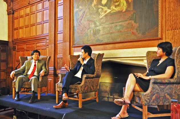 Best known for his role as Harold in the "Harold and Kumar" films, John Cho, center, spoke at a Berkeley College Master's Tea about his experience as an Asian-American actor.