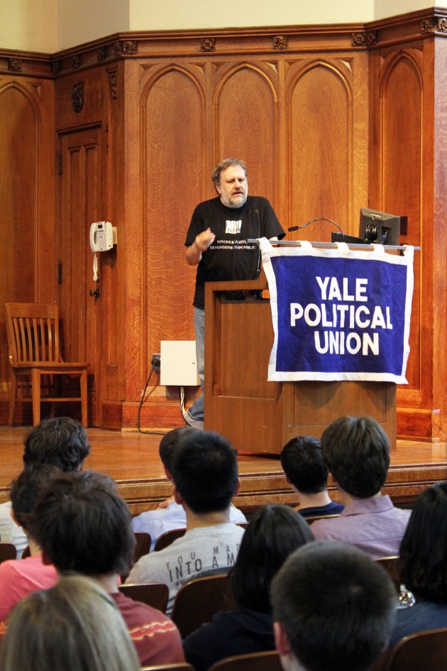 Slavoj Žižek, a philosopher and former Slovenian presidential candidate, spoke about the ethical dimensions of capitalism at a YPU event Tuesday.
