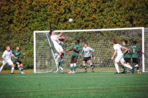 Goalkeeper and captain Bobby Thalman ’13, far right, made five saves against the Blue Devils in last year’s shutout.