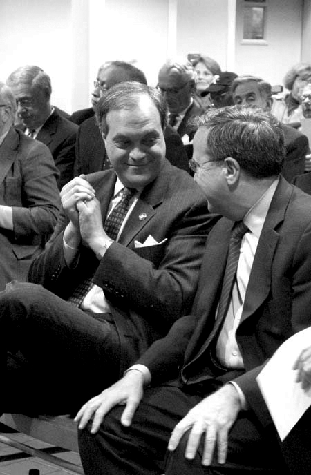 Mayor John DeStefano Jr., left, whose tenure at City Hall has coincided with Richard Levin’s Yale presidency, credits Levin with bringing the University and the city closer together over their two decades in office.