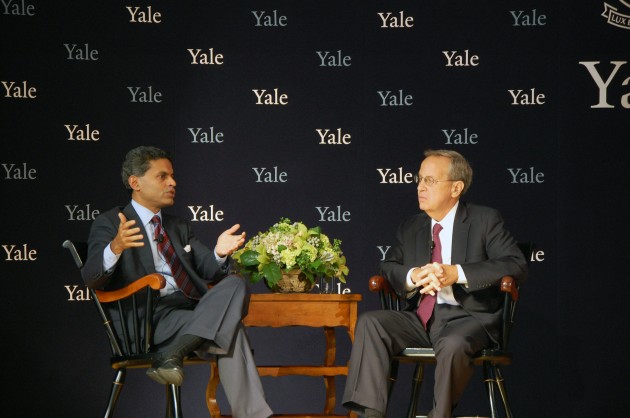 Former Yale Corporation trustee Fareed Zakaria, left, shown at a public discussion forum with University President Richard Levin in 2010.