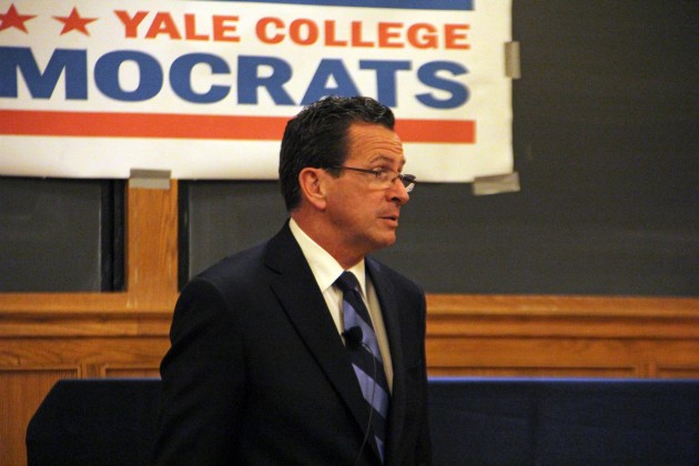 Gov. Dannel Malloy, pictured above speaking to the Yale College Democrats, delivered a harsh rebuke of the GOP presidential ticket’s fiscal proposals at the Democratic National Convention in Charlotte, N.C., Wednesday night.