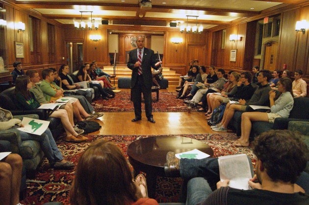 Mayor John DeStefano Jr. addressed students in the Branford Common Room Monday night, urging them to get involved in New Haven politics.
