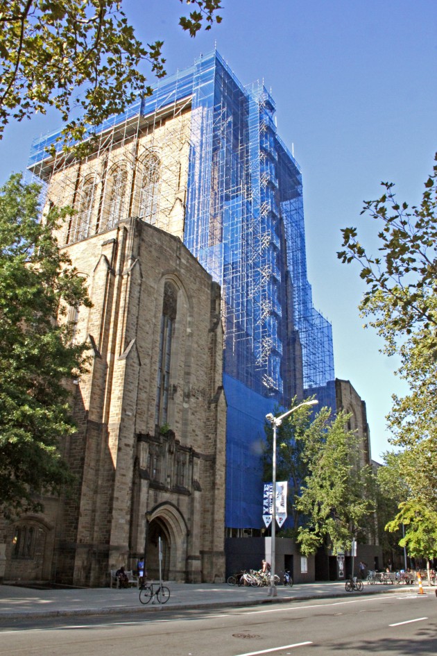 Payne Whitney Gynmasium still sports the blue scaffolding of renovations paused in 2008.