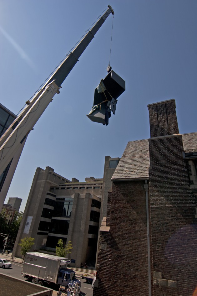 The Yale University Art Gallery concludes its installation of three new sculptures in its garden today as a crane delivered them to their new home.
