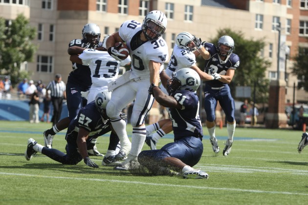 Running back Tyler Varga ’16 made his collegiate debut on Saturday with 103 rushing yards and two touchdowns. The Bulldogs have now beaten the Hoyas six years in a row.