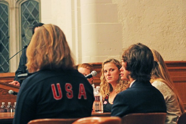 Taylor Ritzel ’10 (center) discusses her Olympic experience in a Thursday night panel discussion.