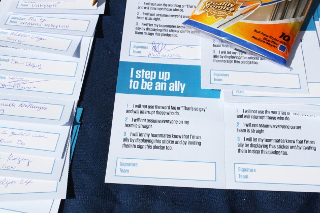 Students pledged to acknowledge publicly their support of Athletes and Allies, not to assume their teammates are straight and not to use phrases like “That’s so gay.”