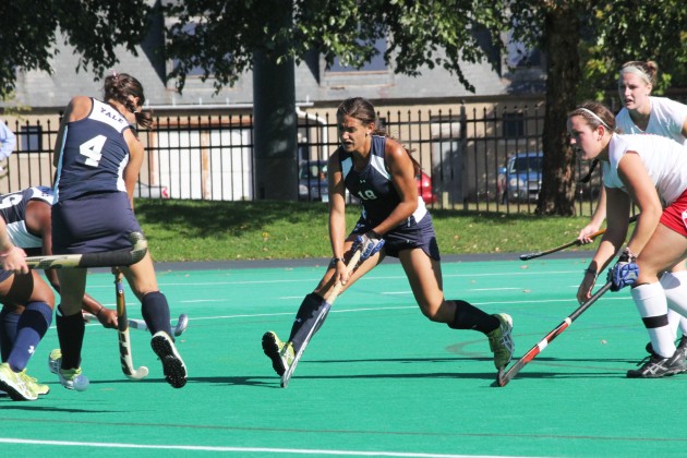 Goalkeeper Emily Cain ’14 saved six of the nine shots she faced in a 3–2 loss to Penn.