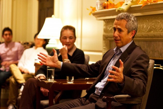 Danny Meyer (right), the creator of the Shake Shack restaurant chain, spoke at a Silliman College Master’s Tea on Friday.