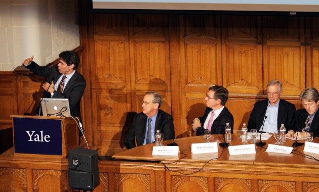 University President Richard Levin moderated the second half of “The Economy and the Election” panel at Yale Law School Thursday.