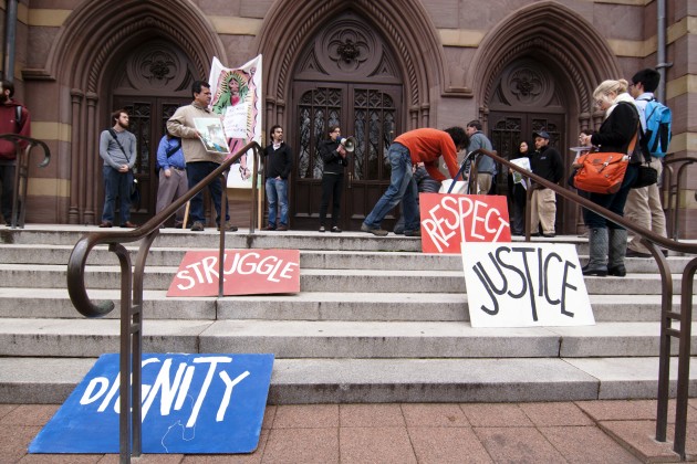 A crowd gathered in front of City Hall on Thursday to show solidarity for immigrant rights.