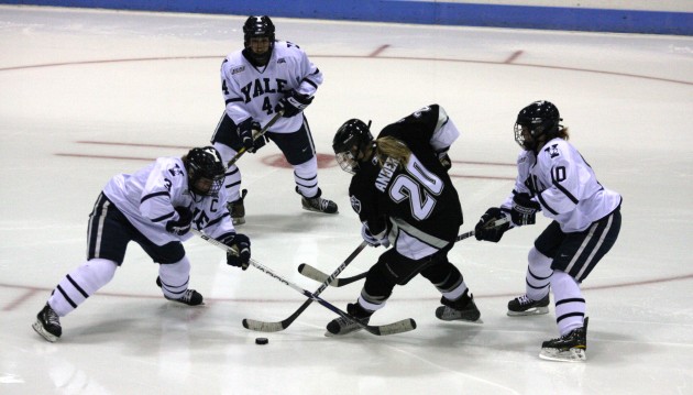 The Elis overcame a 4–2 deficit to force overtime before falling, 5–4, to Dartmouth.