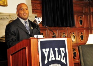 Tom Williams addresses the media at Ray Tompkins House on Wednesday after being introduced as the 33rd head coach of Yale's football program.